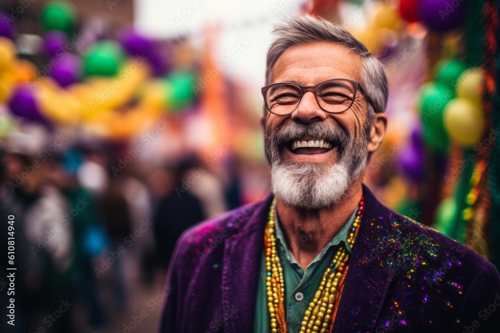 Medium shot portrait photography of a satisfied man in his 50s that is wearing a chic cardigan against a vibrant and lively mardi gras celebration background .  Generative AI