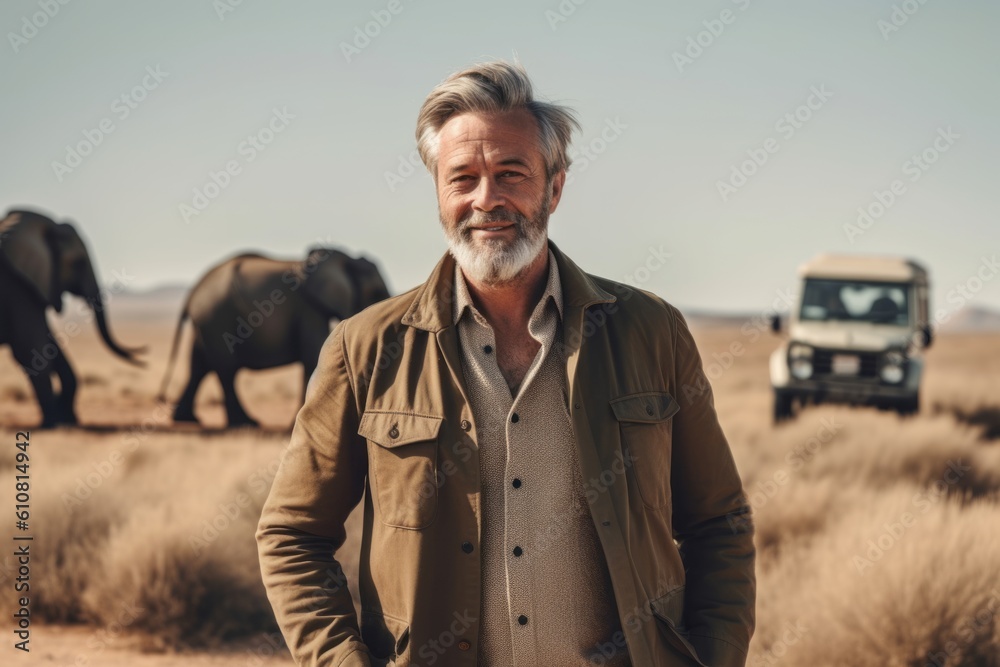 Senior man with african elephant in the background, Namibia.