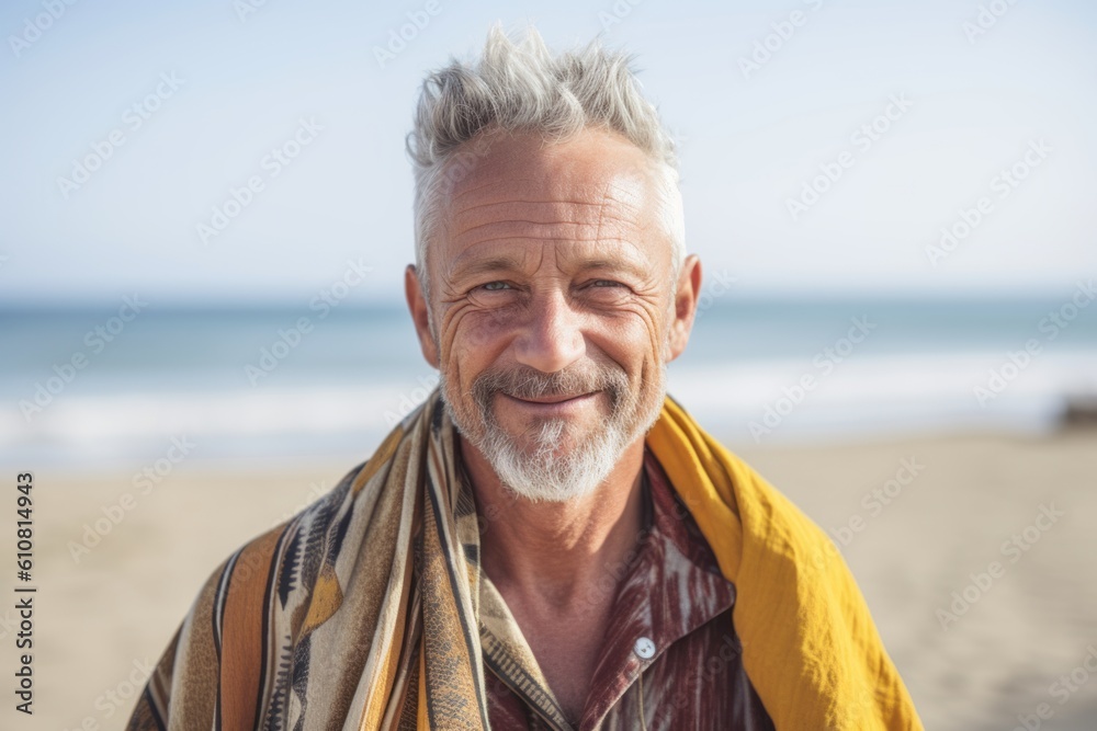 Portrait of smiling senior man with shawl on the beach Portrait of smiling senior man with shawl on the beach