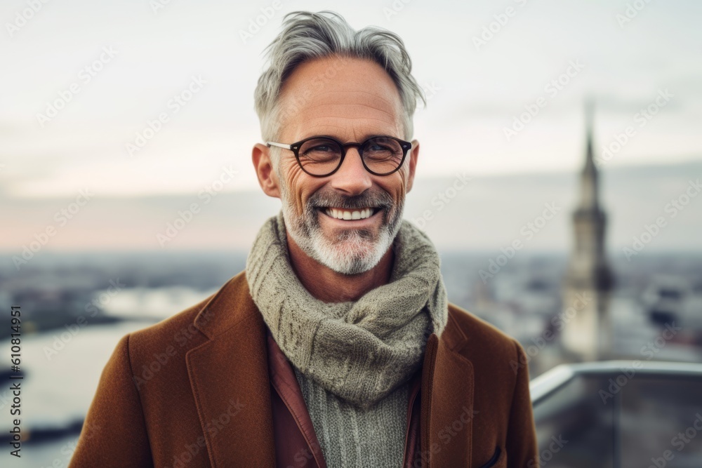 Handsome senior man in eyeglasses and coat is smiling and looking away while standing outdoors Handsome senior man in eyeglasses and coat is smiling and looking away while standing outdoors