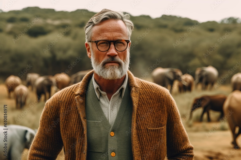 Portrait of an elderly man with a gray beard and mustache in a brown jacket on the background of wild elephants. Portrait of an elderly man with a gray beard and mustache in a brown jacket on the background of wild elephants.
