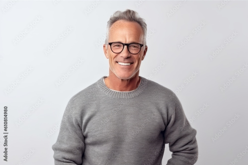 Portrait of smiling mature man in glasses standing against white background. Portrait of smiling mature man in glasses standing against white background.