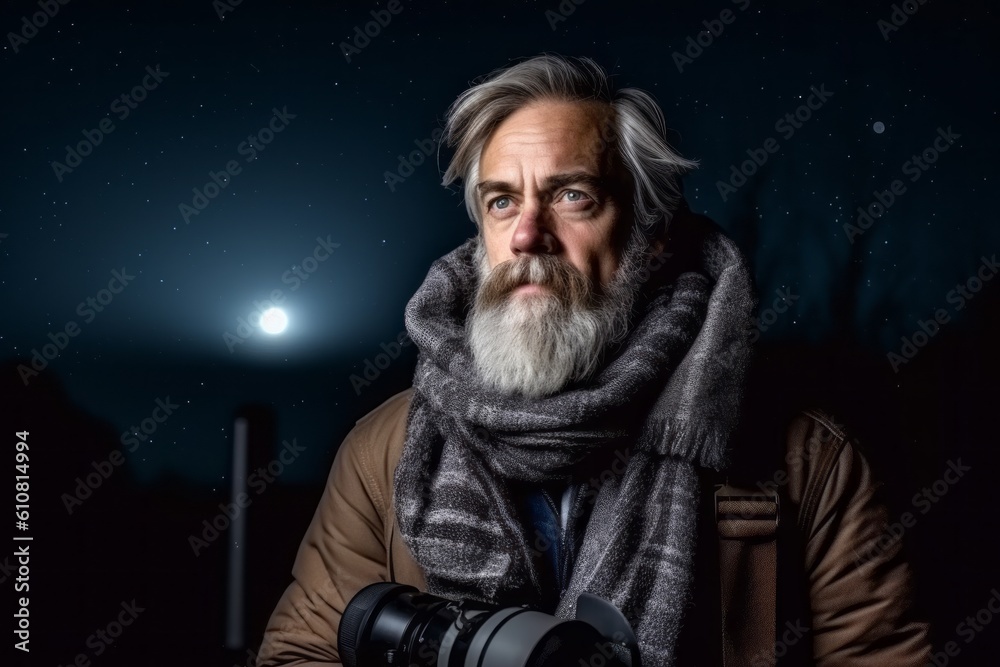 Medium shot portrait photography of a satisfied man in his 50s that is wearing a foulard against a captivating stargazing event with telescopes background .  Generative AI