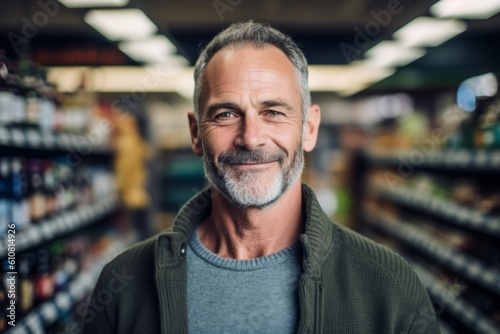 Portrait of senior man smiling at camera while standing in grocery store