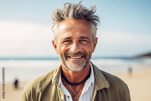 Portrait of smiling senior man standing on beach and looking at camera