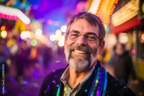 Portrait of a happy senior man at the night market in Paris, France