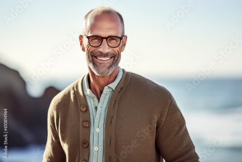 Medium shot portrait photography of a satisfied man in his 50s that is wearing a chic cardigan against ocean waves background . Generative AI