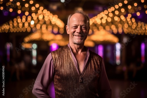 Medium shot portrait photography of a satisfied man in his 50s that is wearing a chic cardigan against an entrancing belly dance performance in a venue background . Generative AI