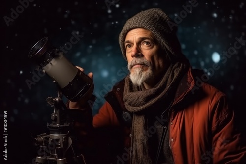 Portrait of a senior man looking through a telescope at night.