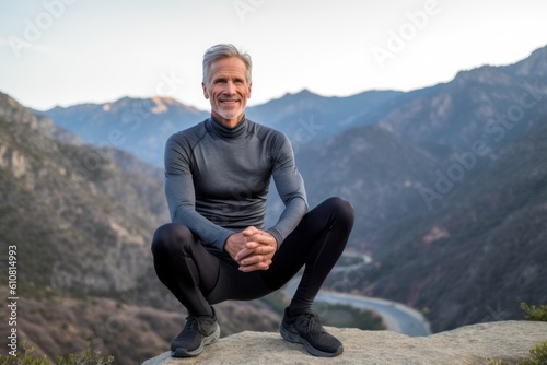 Medium shot portrait photography of a satisfied man in his 50s that is wearing a pair of leggings or tights against a beautiful and breathtaking mountain vista background . Generative AI