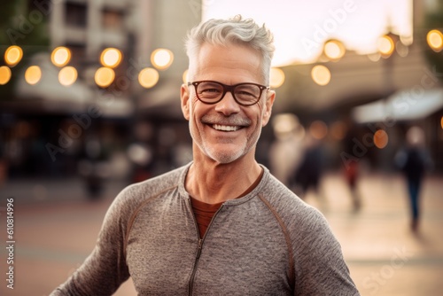 Portrait of a smiling mature man with eyeglasses in the city
