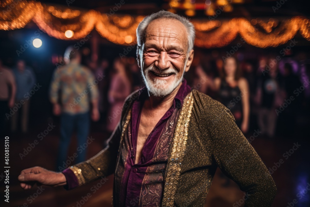 Portrait of a senior man dancing in a nightclub with friends. Portrait of a senior man dancing in a nightclub with friends.