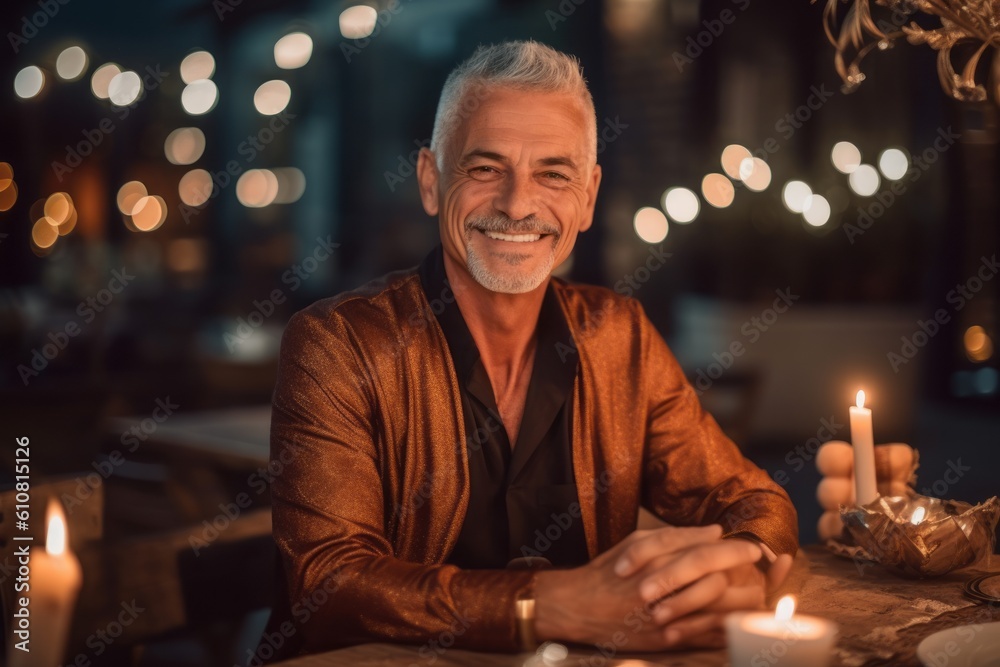 Portrait of smiling senior man sitting at table in restaurant and looking at camera Portrait of smiling senior man sitting at table in restaurant and looking at camera