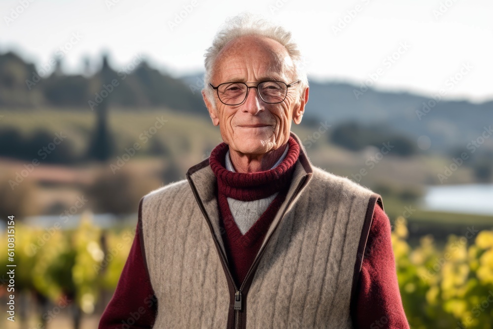 Portrait of a senior man with glasses in a vineyard. Portrait of a senior man with glasses in a vineyard.