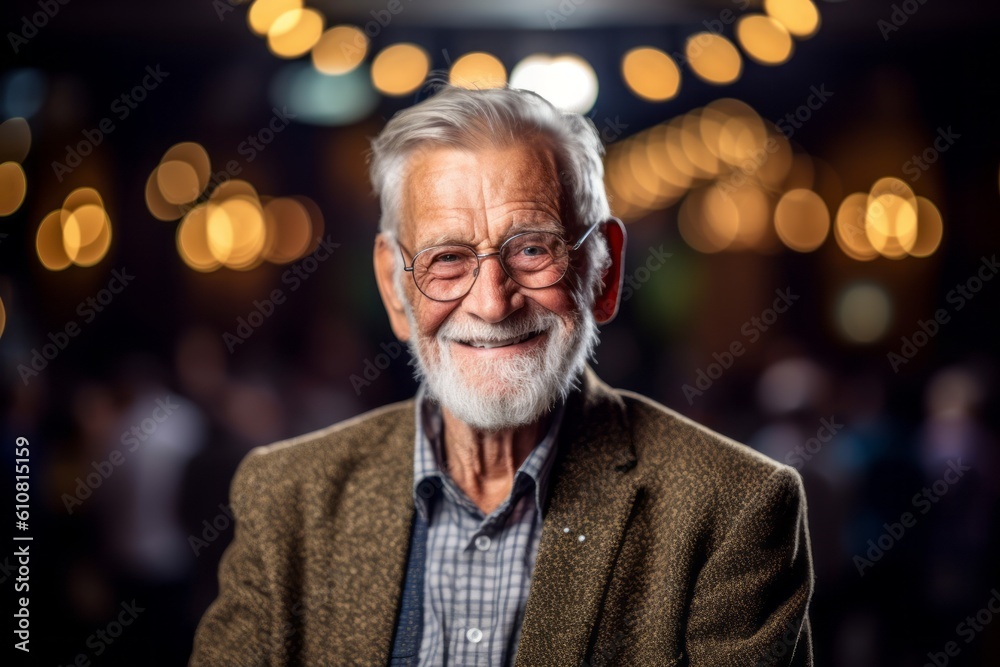 Medium shot portrait photography of a satisfied man in his 70s that is wearing a chic cardigan against a charity gala event with auction and celebrities background . Generative AI Medium shot portrait photography of a satisfied man in his 70s that is wearing a chic cardigan against a charity gala event with auction and celebrities background . Generative AI