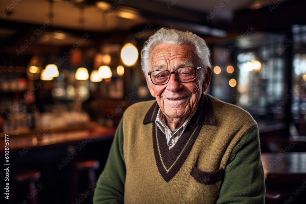 Portrait of smiling senior man with eyeglasses in a pub Portrait of smiling senior man with eyeglasses in a pub