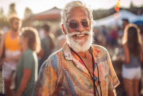 Portrait of senior man with white beard and sunglasses standing at music festival