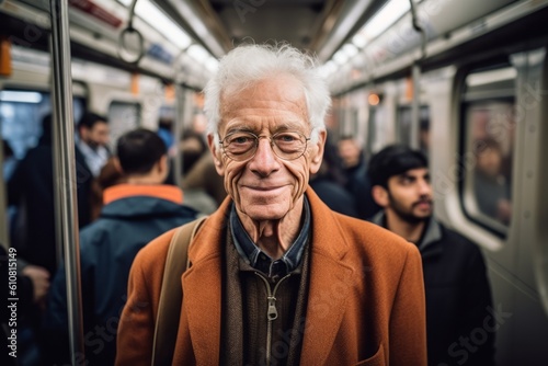Senior man on the subway train in Paris, France, wearing a coat and glasses