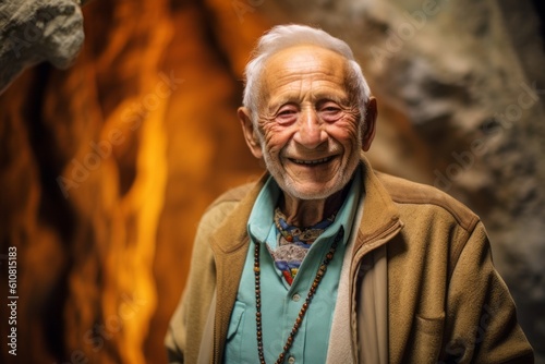 Medium shot portrait photography of a satisfied man in his 80s that is wearing a chic cardigan against a geode or crystal cave background . Generative AI