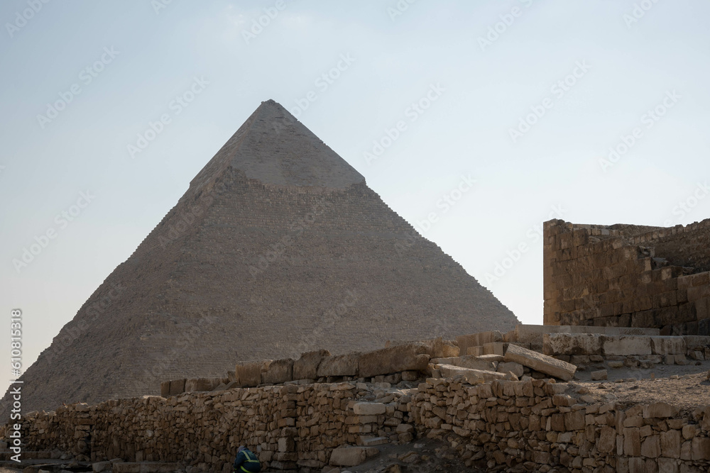 A picture of the Great Pyramid from the side in the ancient Pharaonic pyramids area in Egypt, Giza