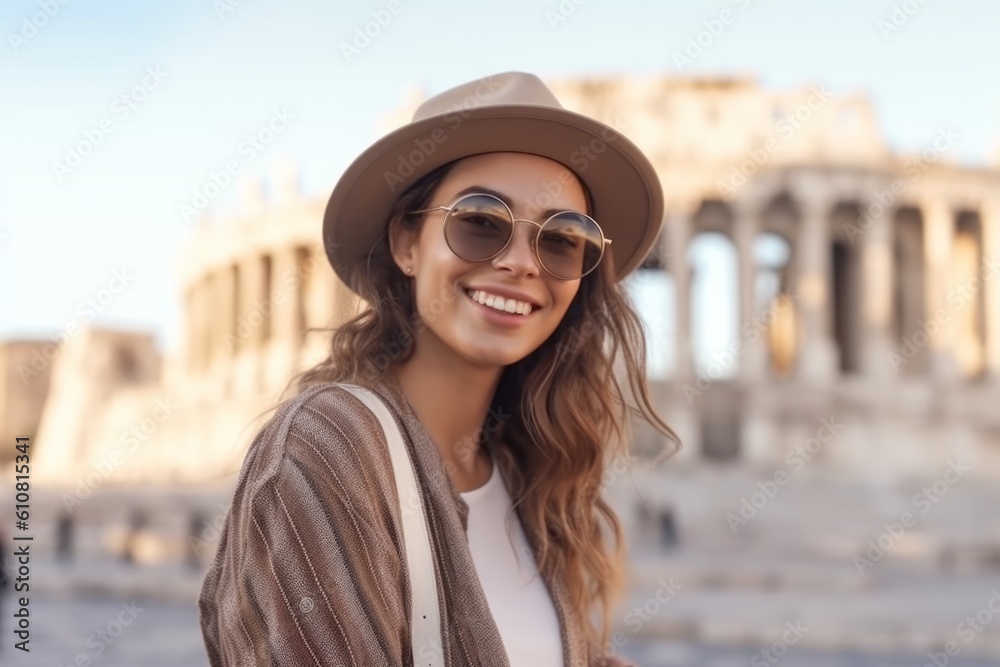 Close up portrait of smiling young woman in hat and sunglasses standing in front of colosseum