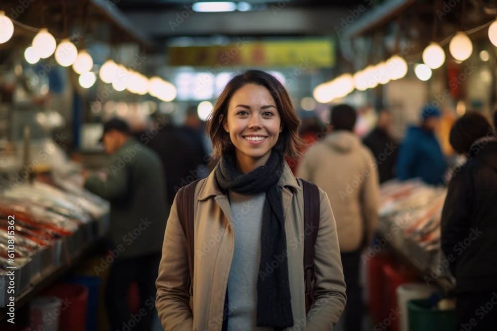 Portrait of smiling woman looking at camera while standing at counter in market Portrait of smiling woman looking at camera while standing at counter in market