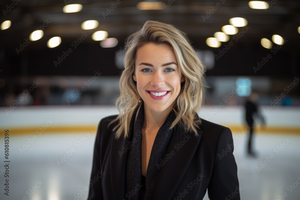 Obraz premium Medium shot portrait photography of a satisfied woman in her 30s that is wearing a sleek suit against an indoor ice-skating rink with skaters of all skill levels background . Generative AI