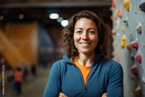 Medium shot portrait photography of a satisfied woman in her 30s that is wearing a chic cardigan against an indoor rock climbing wall with climbers background .  Generative AI photo