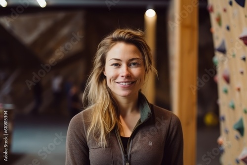 Portrait of smiling woman looking at camera in indoor climbing gym.