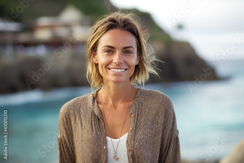 Portrait of smiling woman standing in front of the ocean at beach © Robert MEYNER