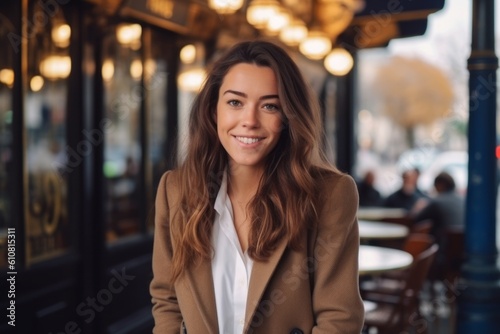 Medium shot portrait photography of a satisfied woman in her 30s that is wearing a classic blazer against a parisian or european cafe background . Generative AI