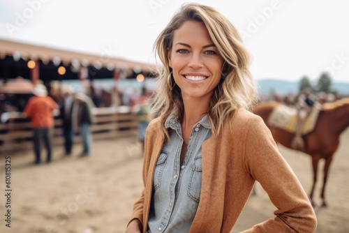 Portrait of a beautiful young woman smiling at camera while standing with her horse on the beach
