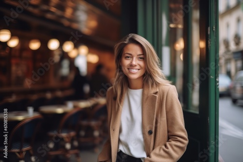Medium shot portrait photography of a satisfied woman in her 30s that is wearing a classic blazer against a parisian or european cafe background .  Generative AI