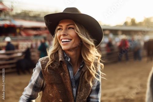 Portrait of a smiling cowgirl wearing cowboy hat on rodeo © Robert MEYNER