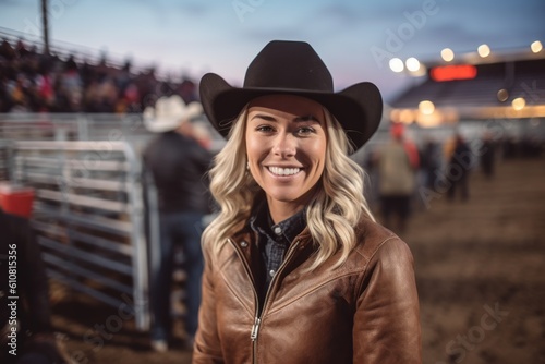 portrait of beautiful cowgirl smiling at camera while standing at rodeo © Robert MEYNER