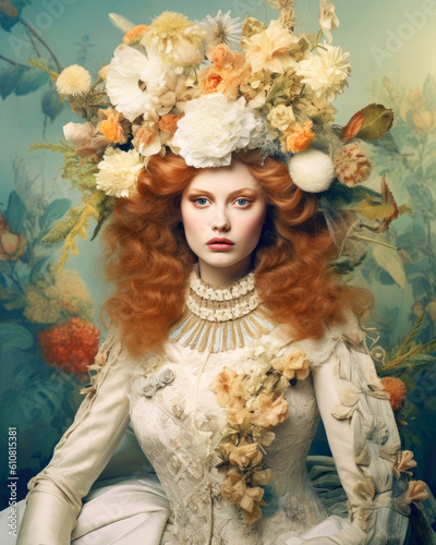 Haute couture victorian fashion woman surrounded by flowers in studio. Generative AI