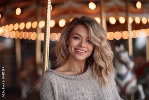 Portrait of beautiful young woman on merry-go-round at amusement park