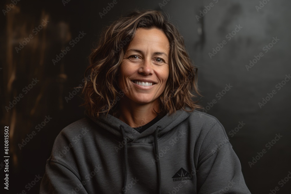 Portrait of a smiling middle-aged woman in hoodie looking at camera Portrait of a smiling middle-aged woman in hoodie looking at camera