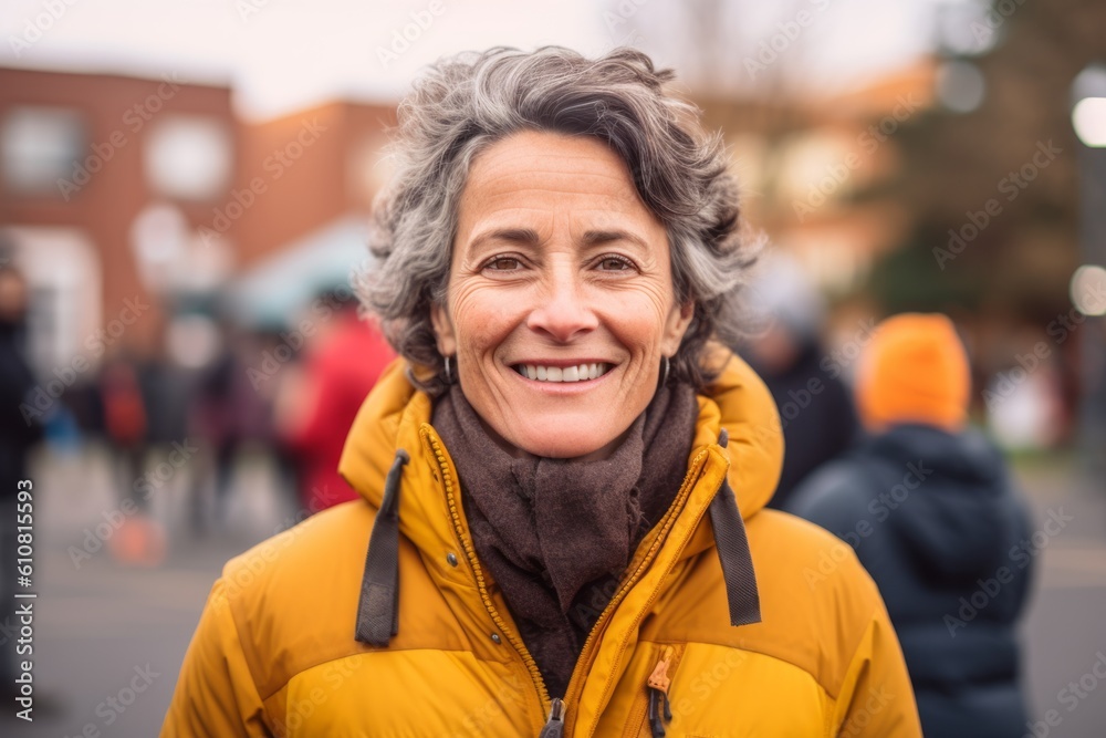 Portrait of a smiling middle-aged woman in the city.