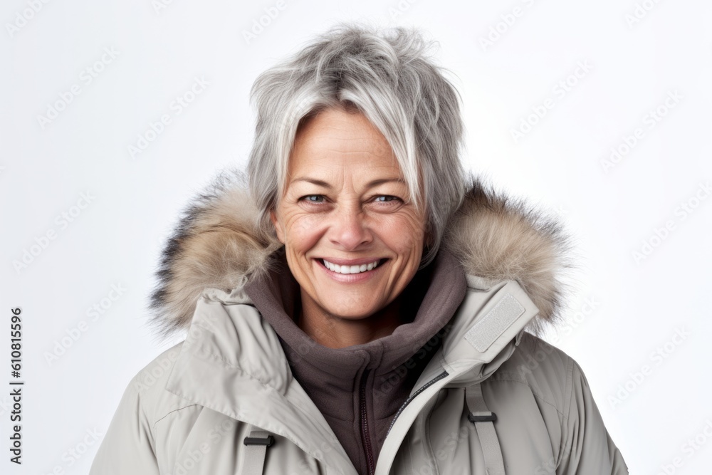 Portrait of a happy senior woman in winter jacket against white background Portrait of a happy senior woman in winter jacket against white background