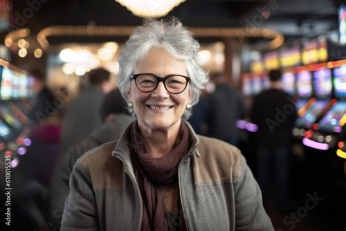 Portrait of a smiling senior woman at slot machine in the casino