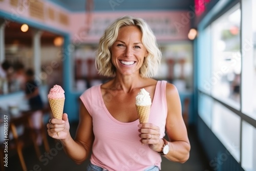 Medium shot portrait photography of a satisfied woman in her 40s that is wearing knee-length shorts against an ice cream parlor or sweet treat background .  Generative AI photo