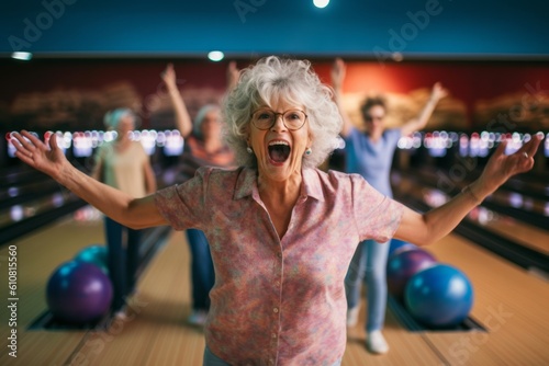Portrait of senior woman screaming while playing bowling with friends in bowling club