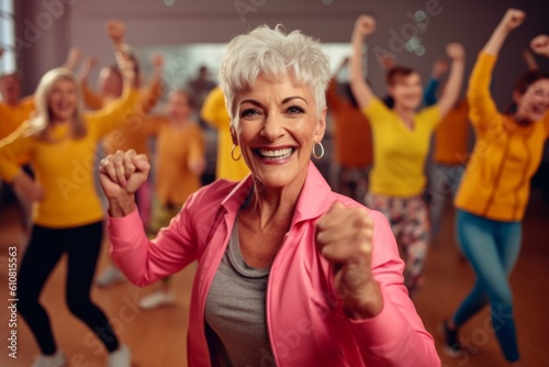 Medium shot portrait photography of a satisfied woman in her 50s that is wearing a classic blazer against an energetic zumba class with participants dancing background . Generative AI