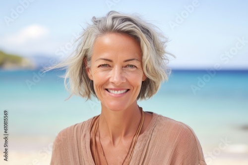 Medium shot portrait photography of a satisfied woman in her 50s that is wearing a chic cardigan against an island or beach paradise background .  Generative AI