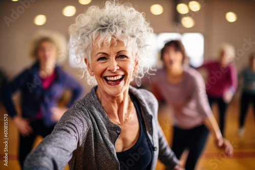 Medium shot portrait photography of a satisfied woman in her 50s that is wearing a classic blazer against an energetic zumba class with participants dancing background . Generative AI