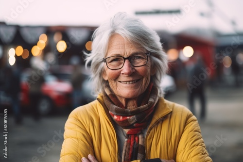 Portrait of smiling senior woman with eyeglasses at street fair