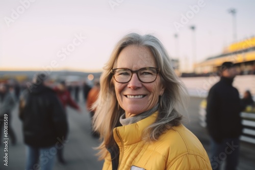 Portrait of a beautiful middle-aged woman in a yellow jacket and glasses