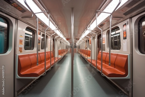 The empty interior of a modern subway car, inviting a peaceful commute. AI Generated.