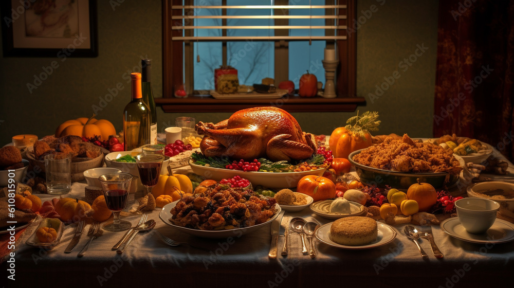 Illustration of a thanksgiving turkey dinner. Generative AI. 